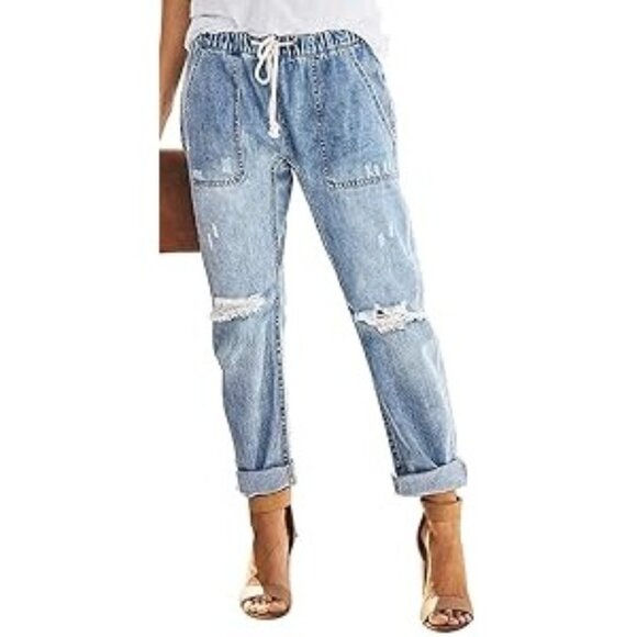 Distressed Light Wash Elastic Waist Denim Jogger Jeans W/ Drawstring By Mustard - Picture 1 of 5